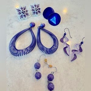 Funky Eclectic Vibrant Purple Plum Earring Lot 5 Dangle Geometric Sparkly 80s